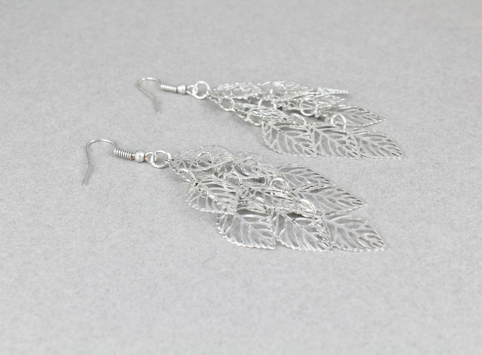 Silver chandelier earrings filigree leaf dangle pendant wiggly leaves 3.25″ long