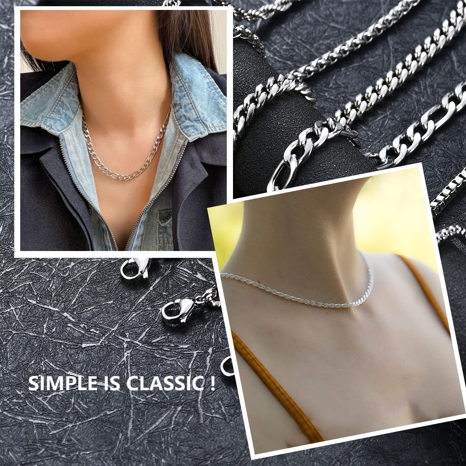 6 Pcs Silver Chains, Stainless Steel Cuban Link/Rope/Box/Figaro/Square Rolo – 01