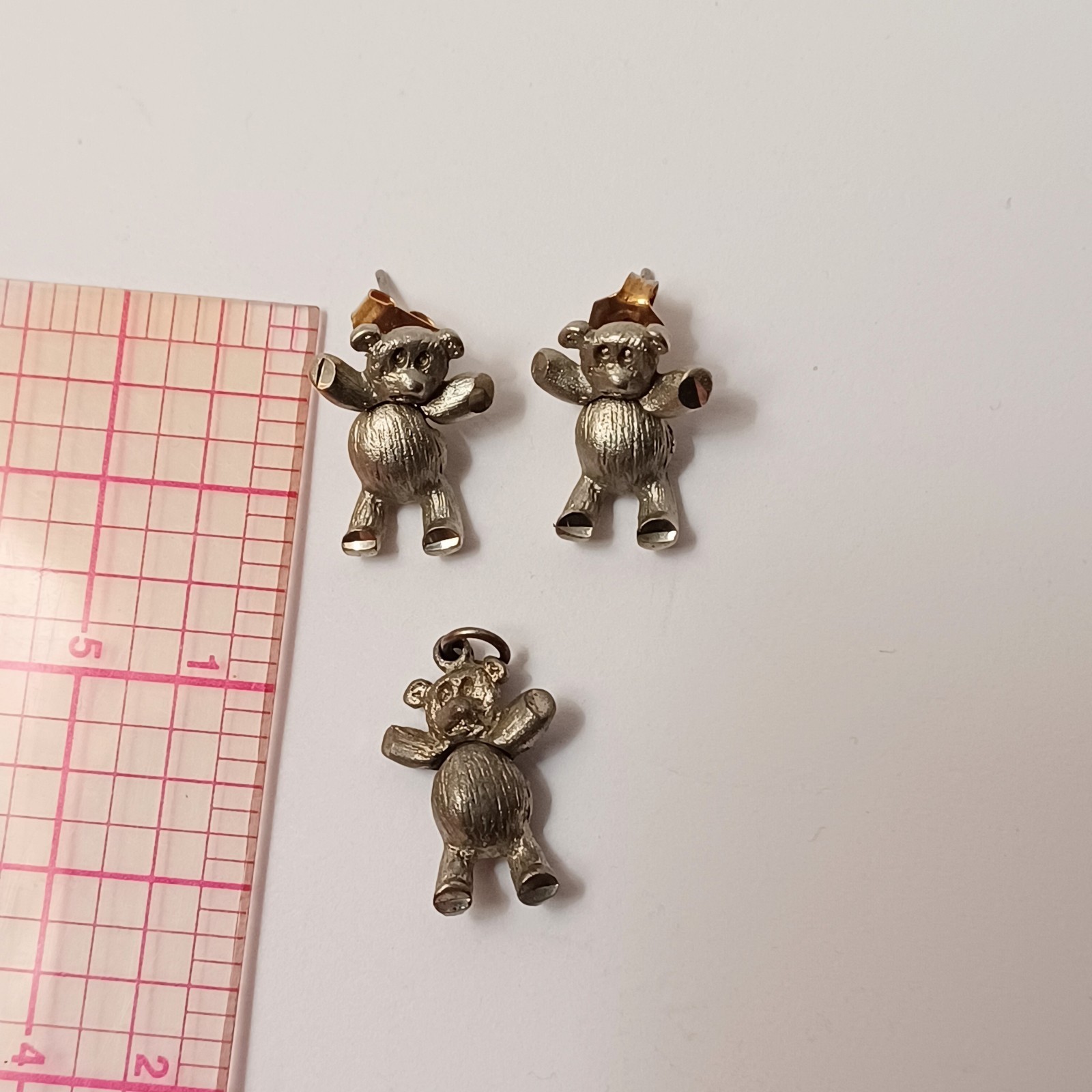 Tiny Pewter Articulated Teddy Bear Earrings & Pendant No Chain