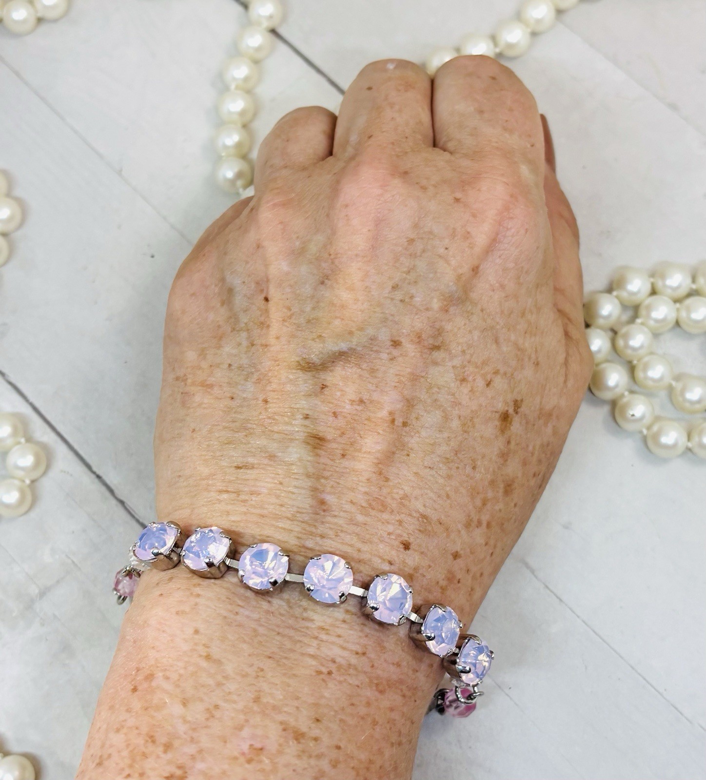 8mm Shiny Silver Plated Beaded Pink Opal Crystal Tennis Cup Chain Bracelet