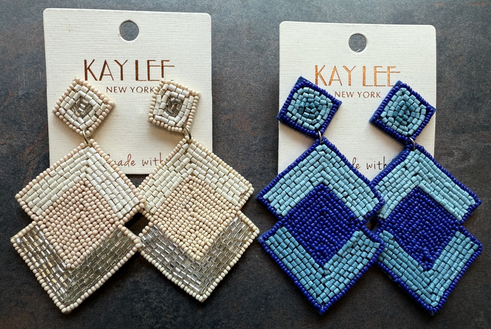 Earrings Set of 2 Blue & White Beaded Diamond Shapes Kay Lee New York #731-03