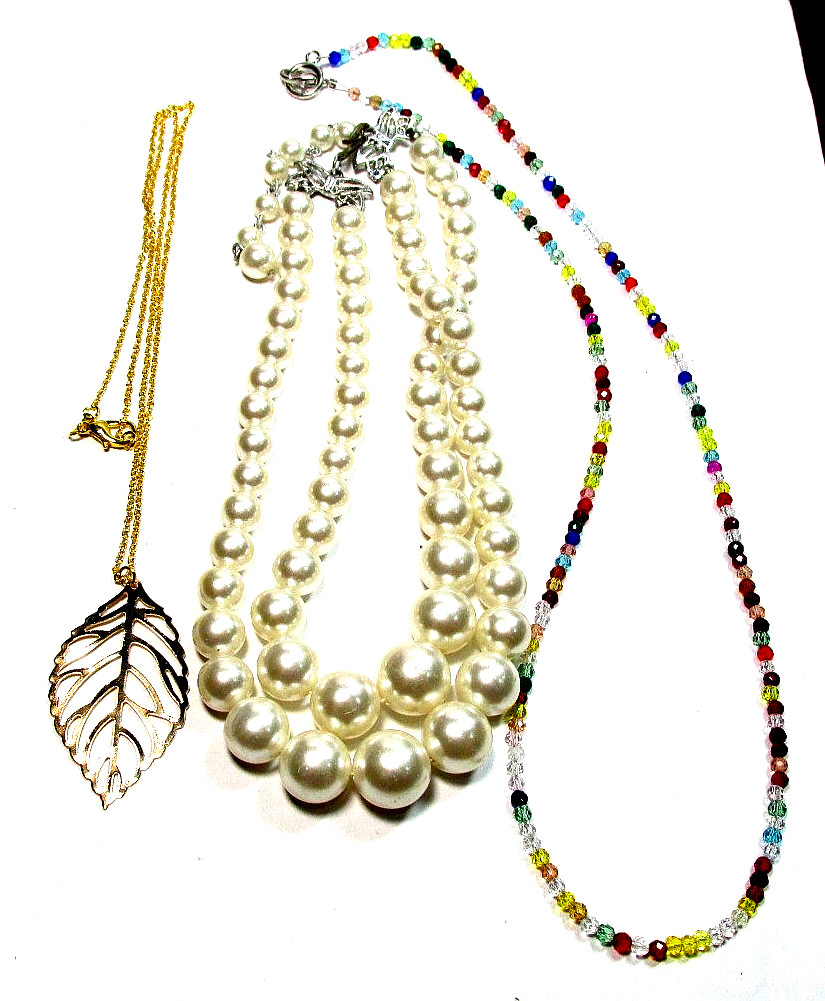 Lot of 3 Silver & Gold Tone Necklaces – Faux Pearls, Beaded & Gold Leaf (#2859)