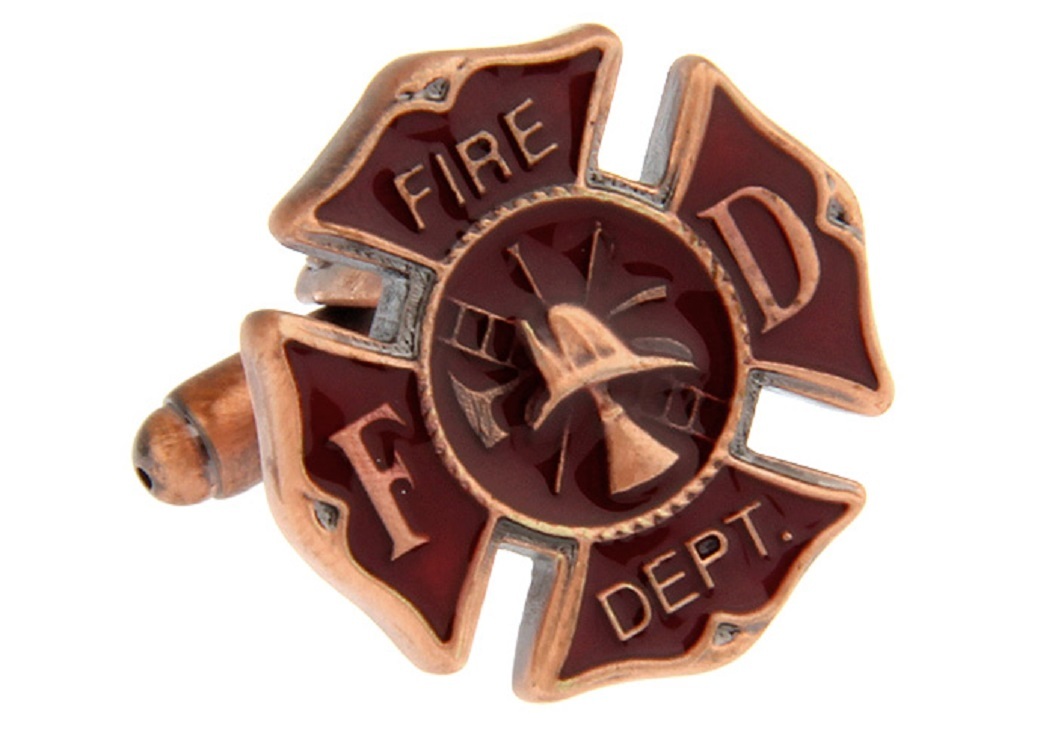 Fire Shield Pair Cufflinks Bronze Red Fireman Wedding Gift Box & Polishing Cloth