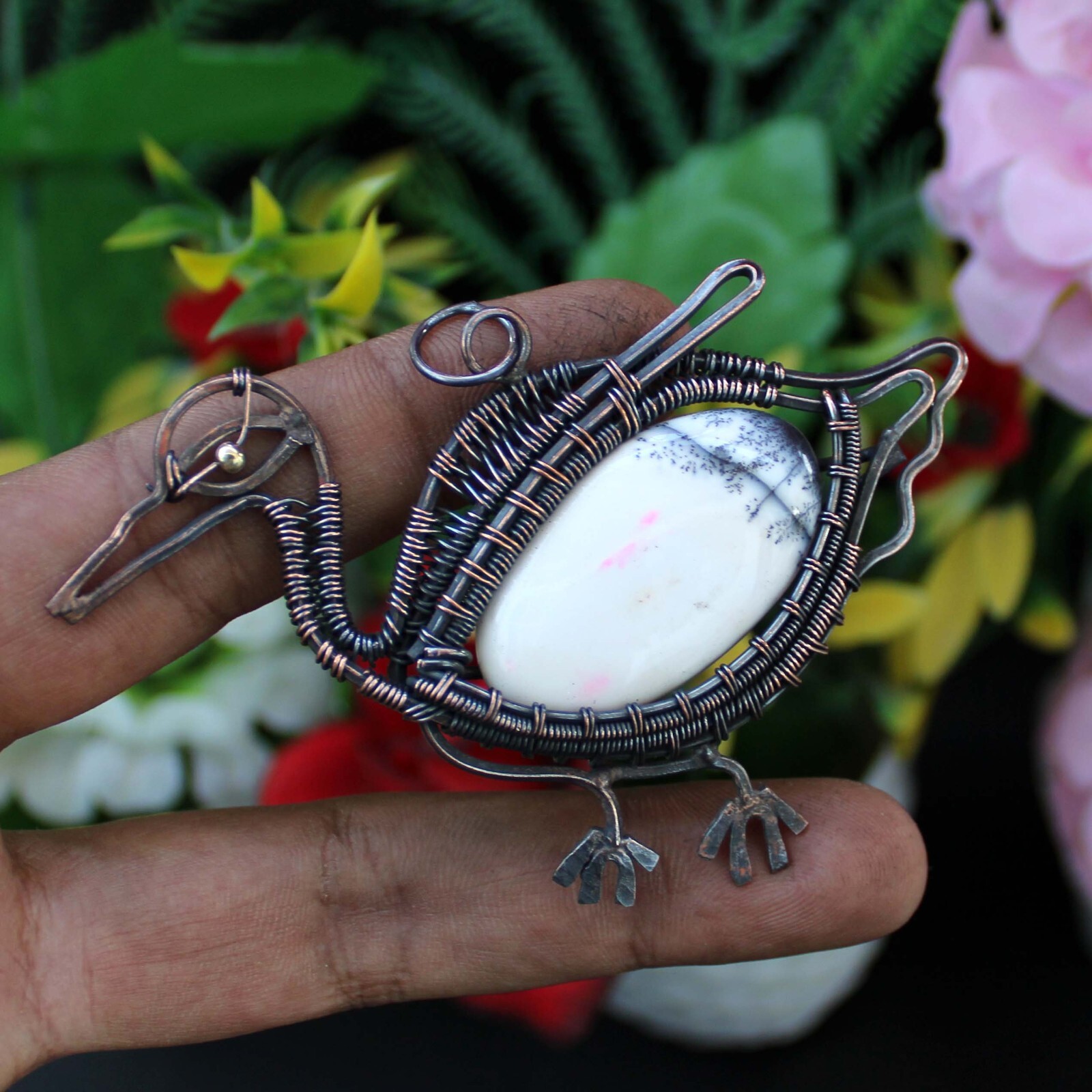 Dendrite Opal Gemstone Jewelry Mother Gift Copper Wire Wrapped Bird Pendant