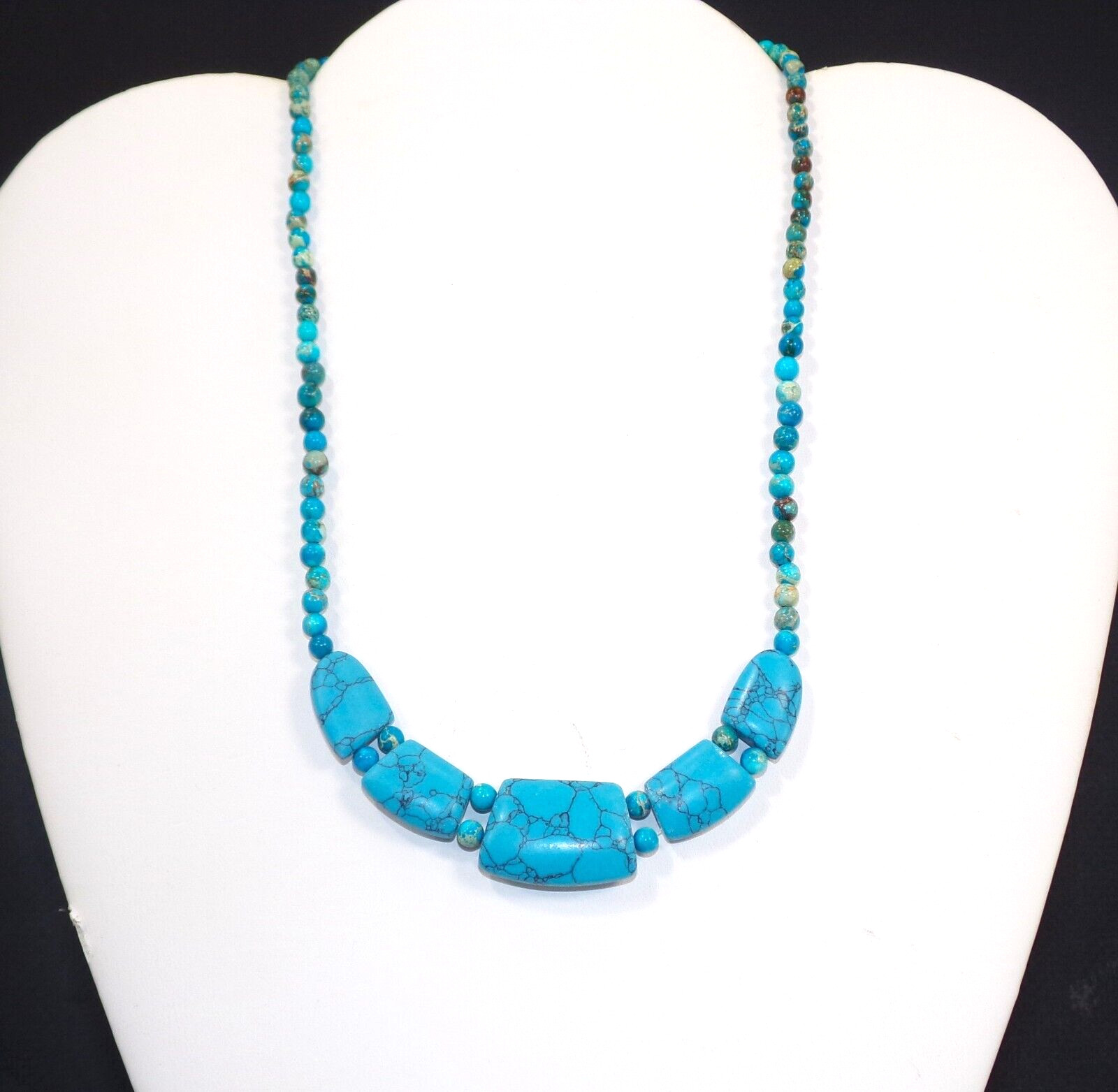 Turquoise stone necklace with large stones in front, small round bead neck New