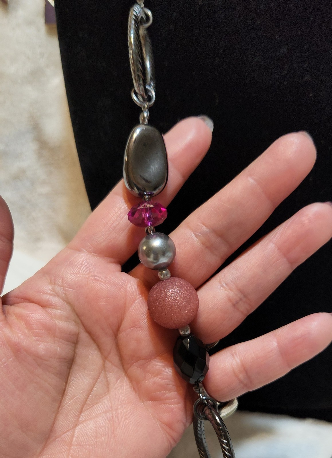 Premier Designs Purple Shades, Black, Gray Acrylic Beads Gunmetal Long Necklace