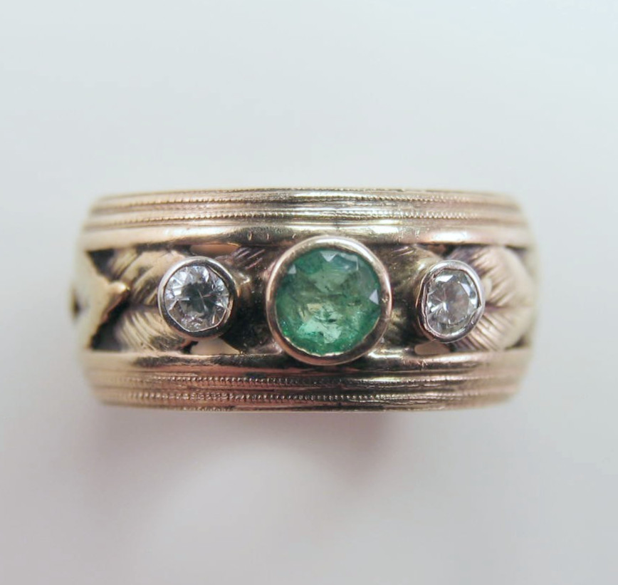 Vintage 14k Gold 1 Emerald 2 Diamond Leaf Die-Struck Size 4.5 Ring 6.7g HEAVY!