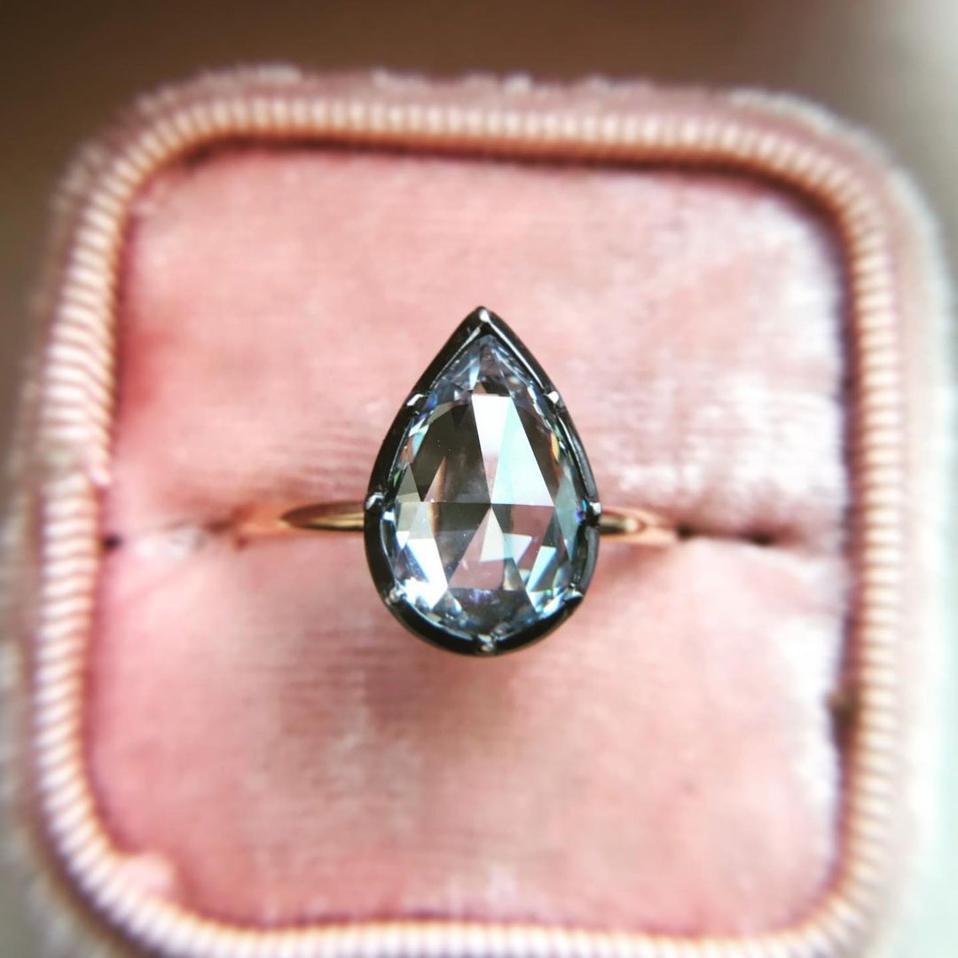 Black Rhodium Plated Bezel Set 2.0 CTW Pear Rose Cut Solitaire Engagement Ring