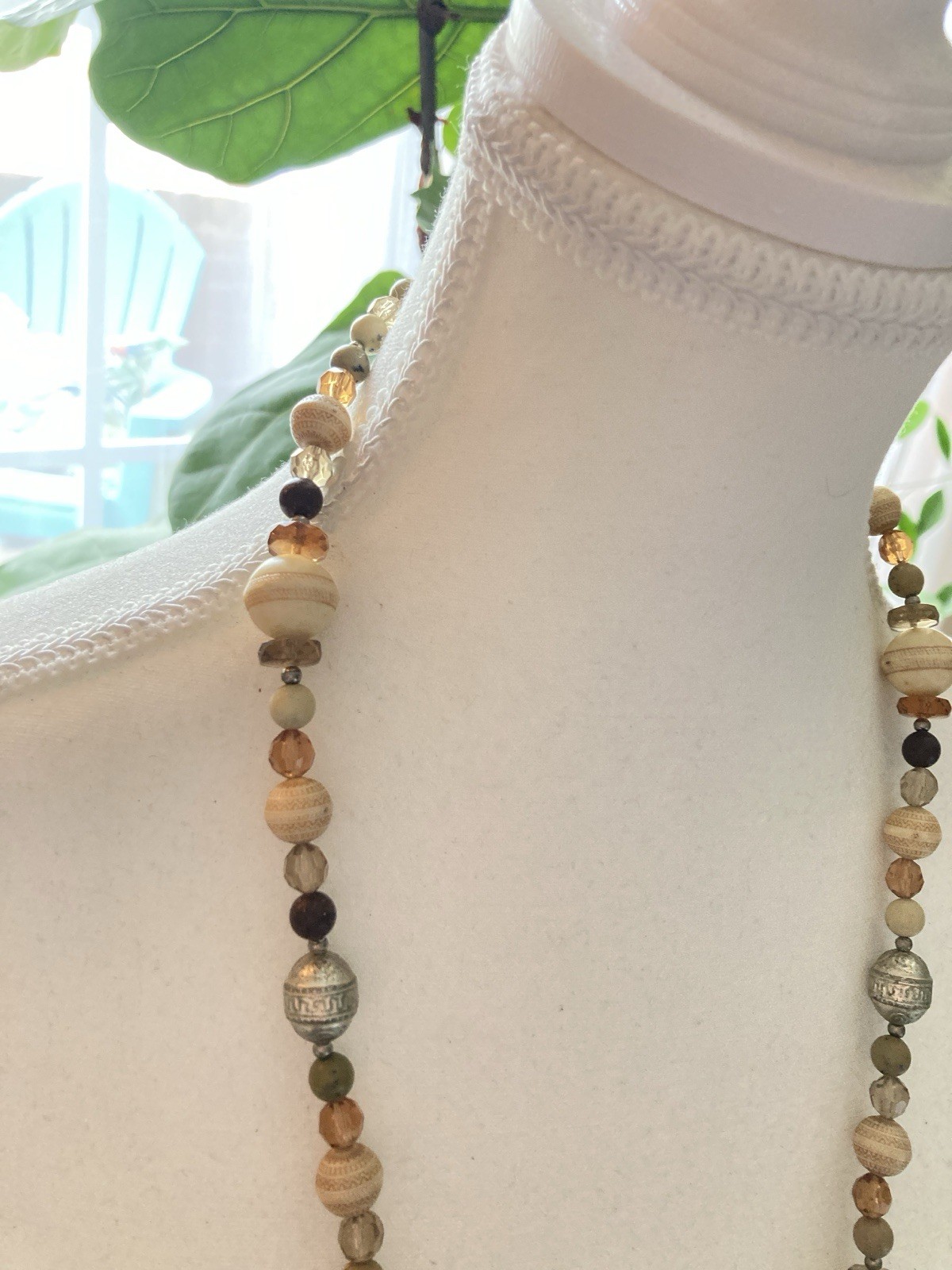 Long Beaded Necklace Wood Glass Silver Tone Neutral Earth Tone Boho Artisan