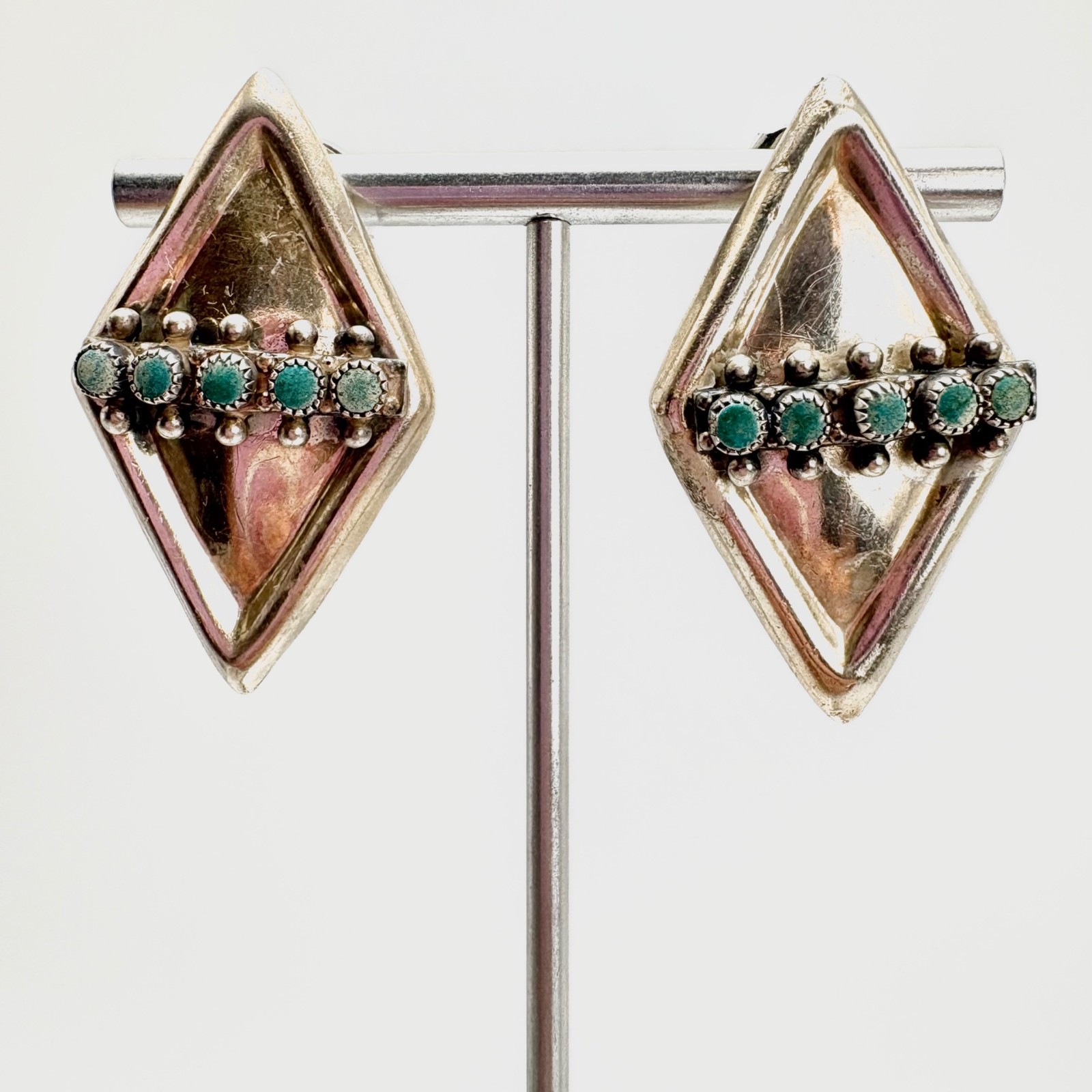 Turquoise Kite Diamond Shape Earrings Sterling Silver 925 Puffed 1.3″ L