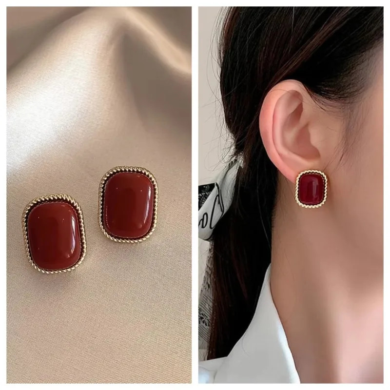 New Wine Red Velvet Rose Pearl Earrings for Women Vintage Red Rose Elegant