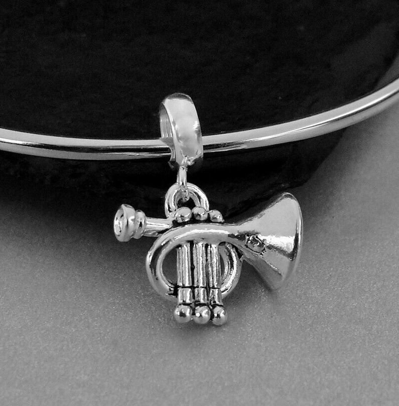 Silver Trumpet Dangle Bead Charm – Musical Band Charm fits European Bracelet