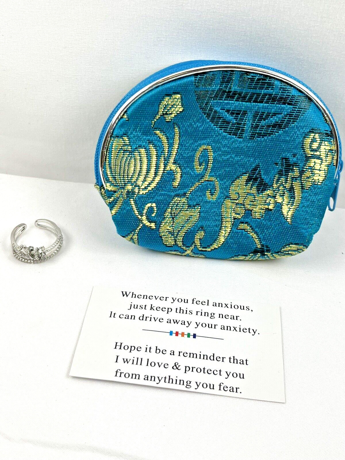 Anxiety Ring Spinner Adjustable, Little Circles Move, w/ Touching Note & Bag