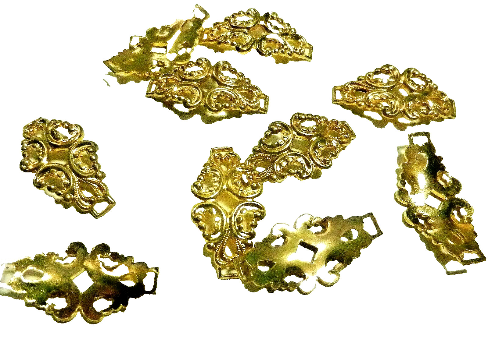 Set of 10 Embossed Stamped Open Work Arched LINKS Findings-New Vtg Shiny Brass