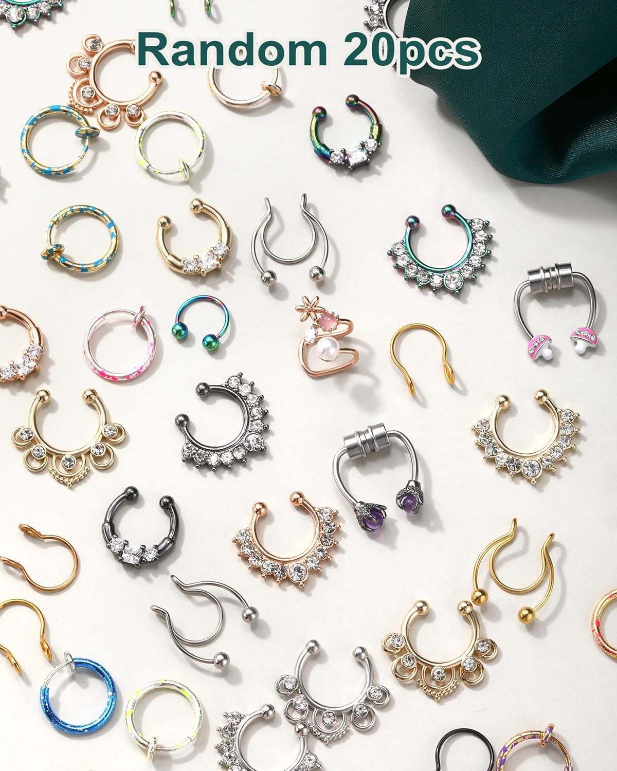 Non-Piercing Septum Ring, Random 20Pcs Fake Nose Hoop for Women Men, No Pain Fau