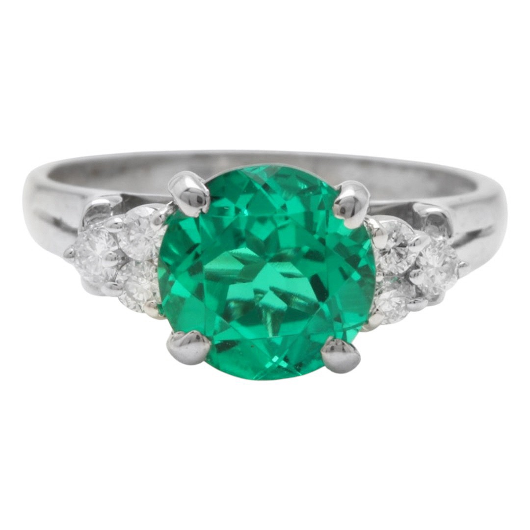 10K Solid White Gold Chatham Lab Created Emerald and Diamond Ring