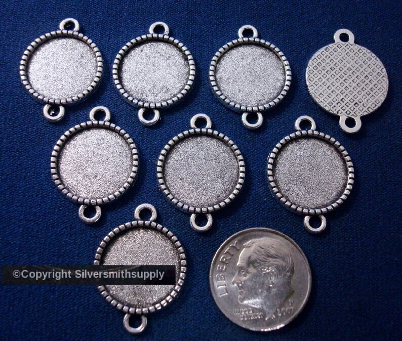 8 Bezel tray settings Silver pl holds 12mm cabochon earring charm 2 loops FPE171