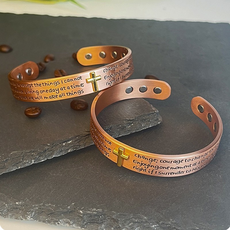 Engraved Cross Magnetic Energy Bracelet Serenity Prayer Adjustable Jewelry Cuff