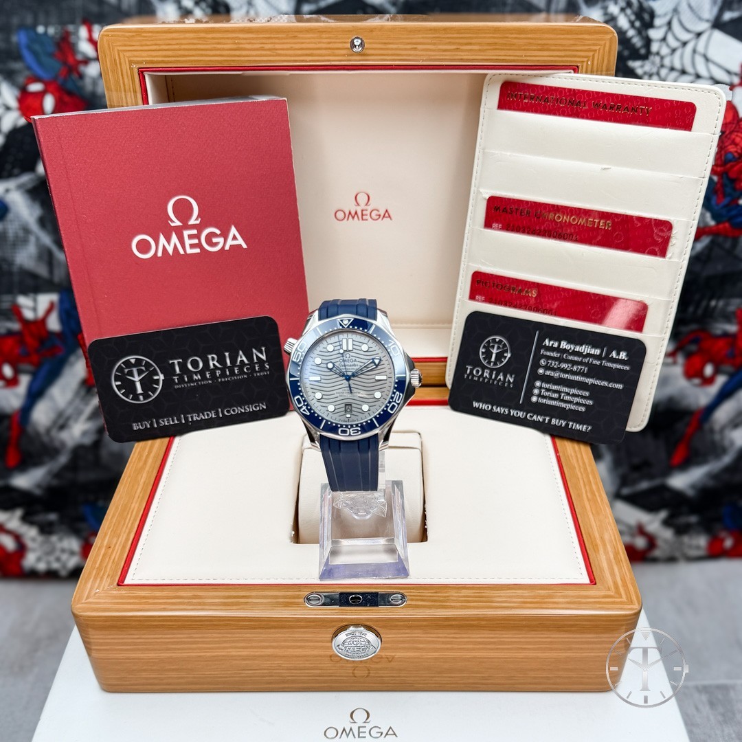 Omega Seamaster Diver 300M 42mm Gray Wave Dial Blue Ceramic Bezel w/ Box & Cards