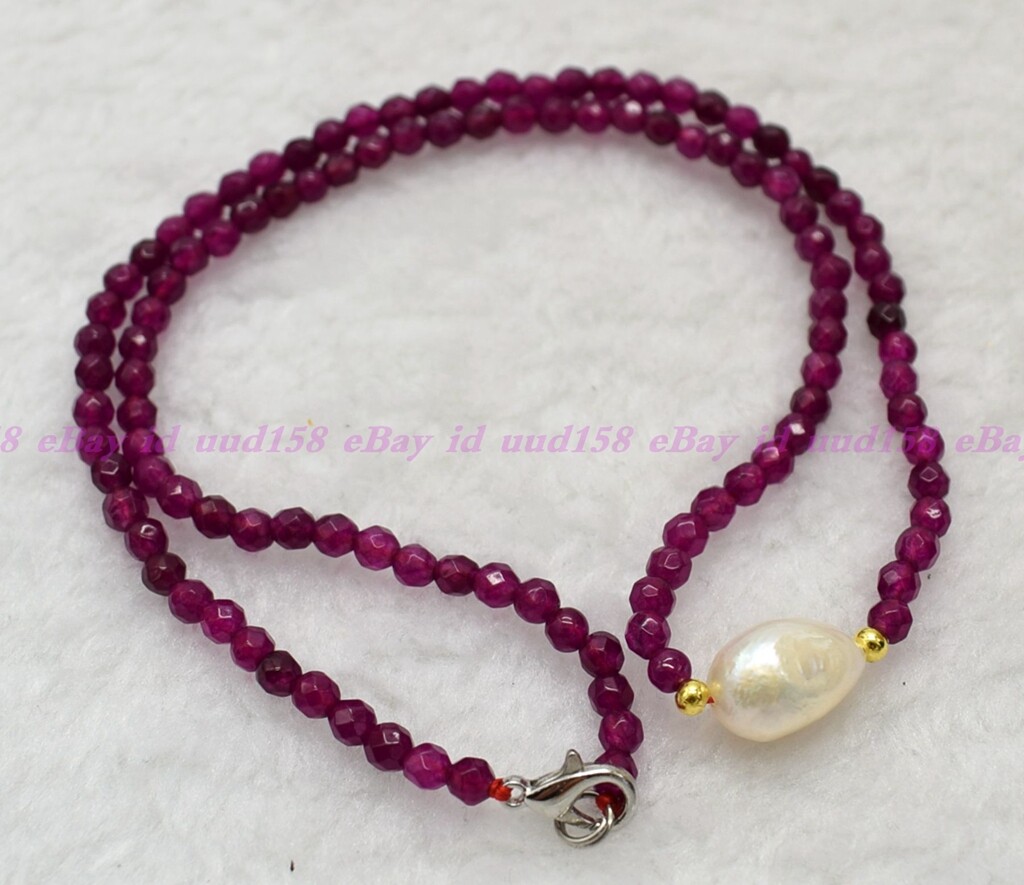 Faceted 4mm Dark Rose Red Jade Roundelle Gems White Pearl Necklace 16-28” AAA
