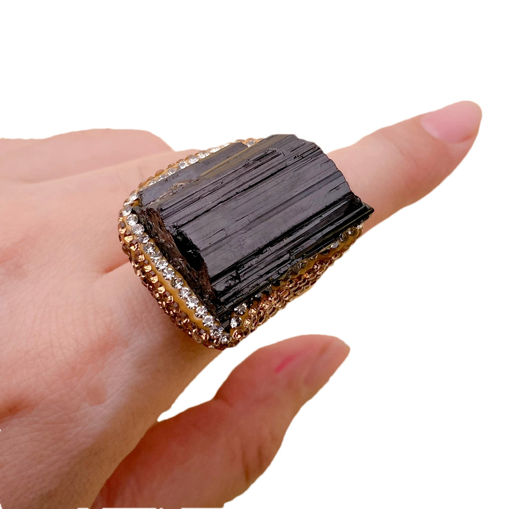 Natural Black Tourmaline Rough Raw Golden Crystal Pave Finger Ring Adjustable