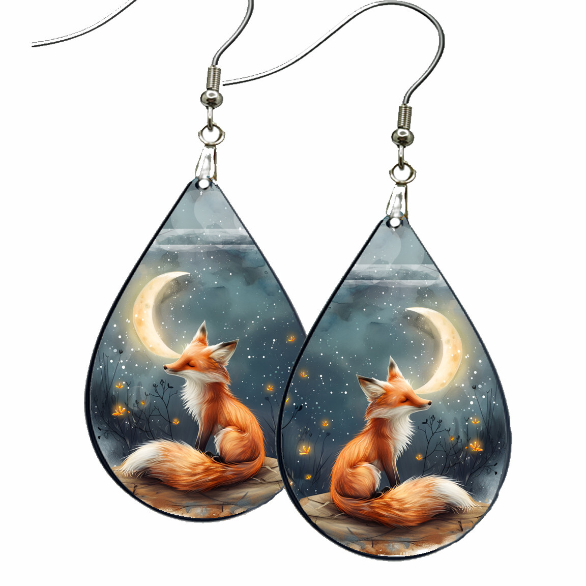 Crescent Moon Starry Sky Red Fox Earrings Teardrop NO TARNISH Wood Wildlife Gift