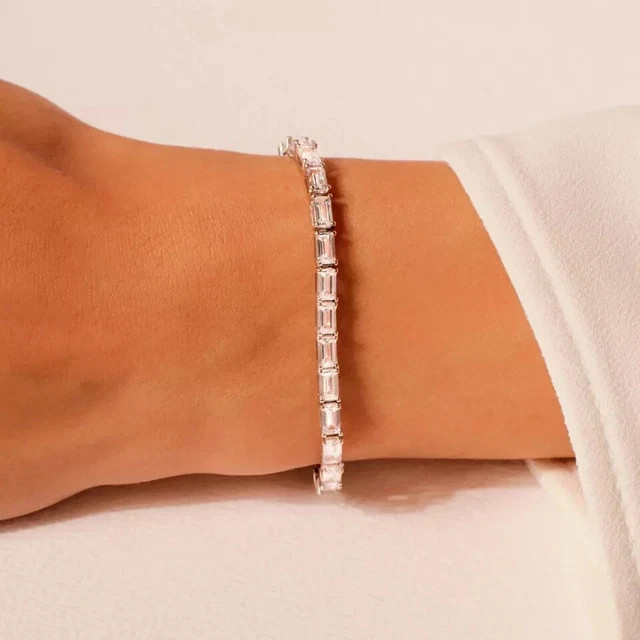 Emerald Cut Bridal Tennis Bracelet 9Ct Lab Created Diamond 14K White Gold Plated