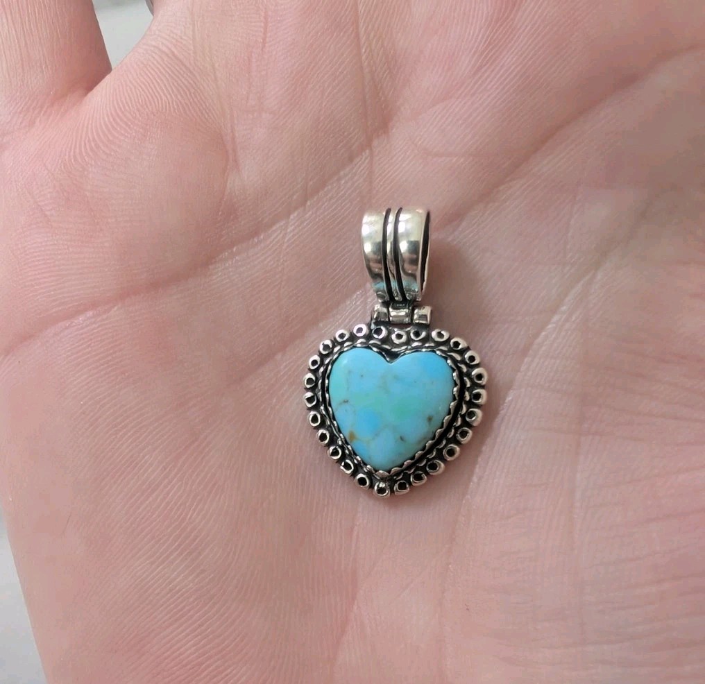 Sterling Silver Blue Turquoise Southwestern Heart Pendant QIC Stamped 925 VTG
