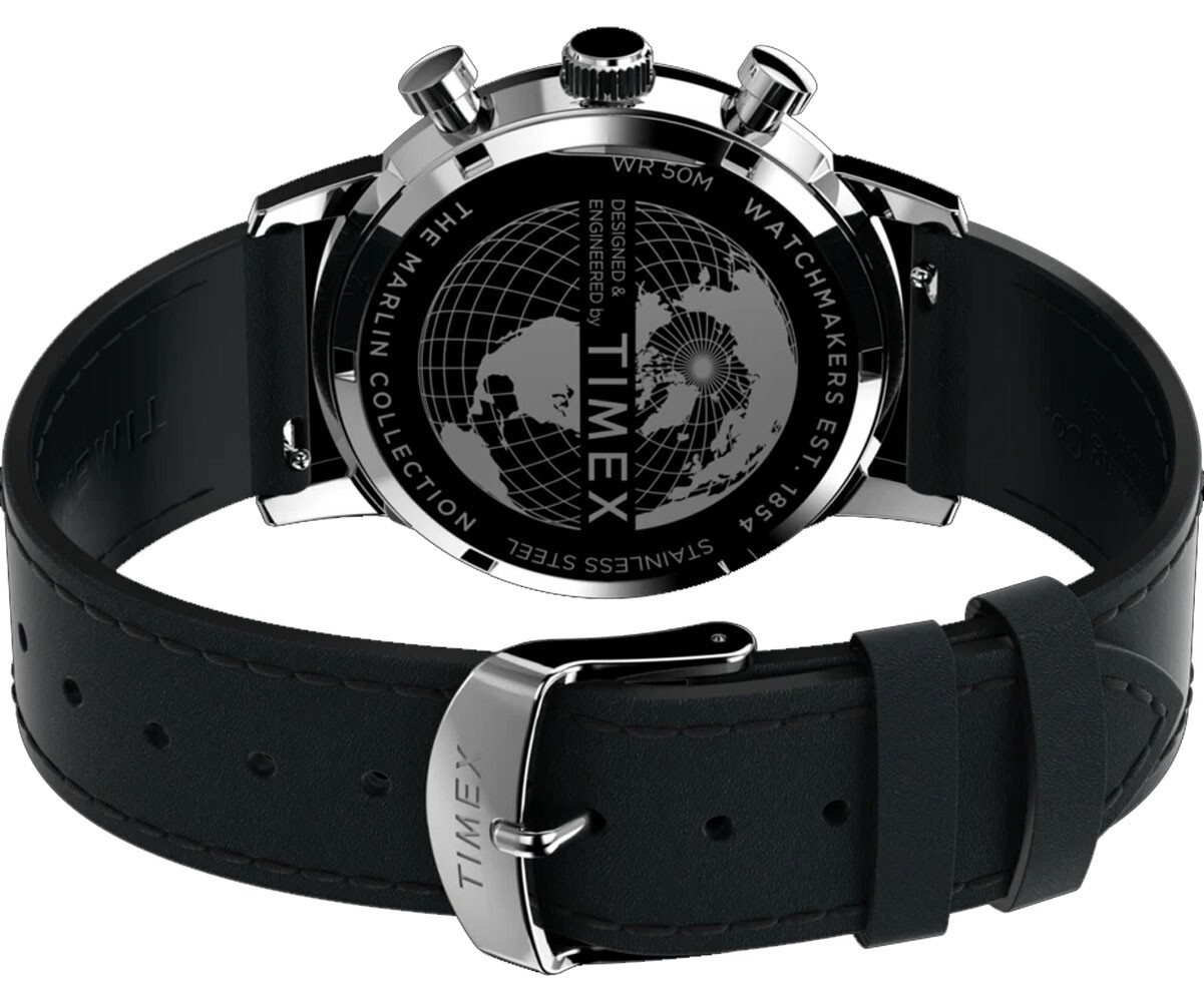 Timex TW2W10300 Men’s Marlin Silver Dial Black Leather Band Chronograph Watch