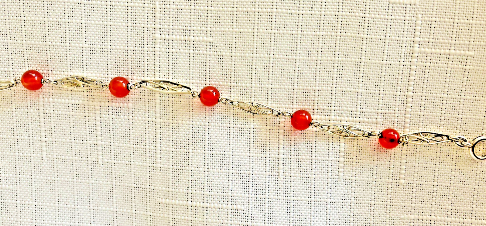 Dainty 10K White Gold Spessartine Garnet Bead Filigree Link Bracelet Vintage