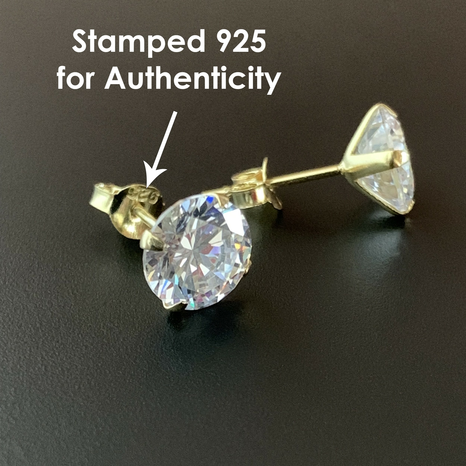 925 Sterling Silver Gold-Plated Round Cubic Zirconia Clear CZ Stud Earrings