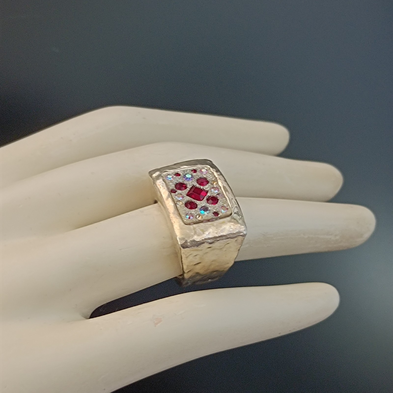 Chunky Silver Statement Ring Hammered Puffy Dramatic Bold Red Orit Schatzman 925