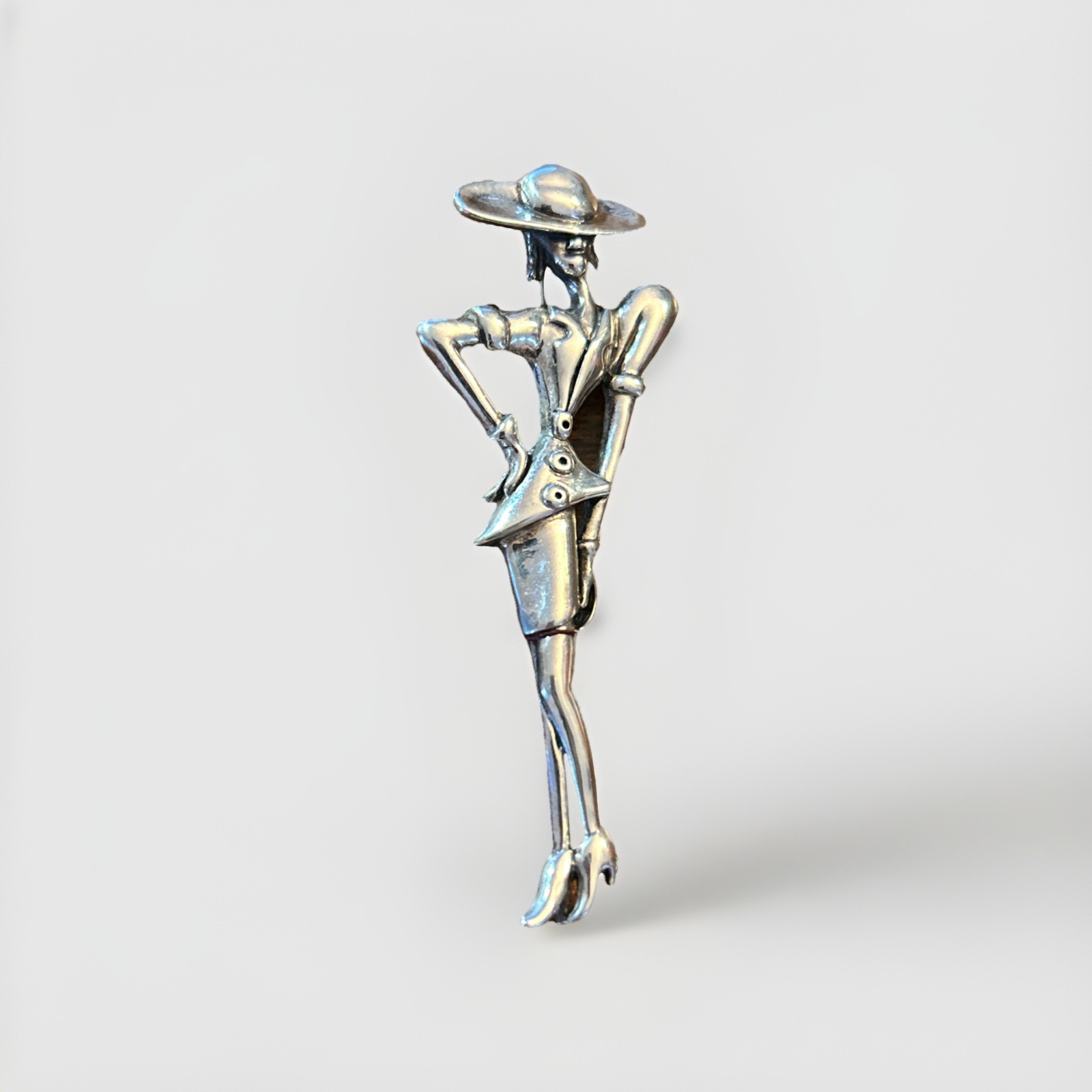 Sterling Silver 925 Fashionable Deco Lady Brooch 2 1/2 inches 9.4 grams