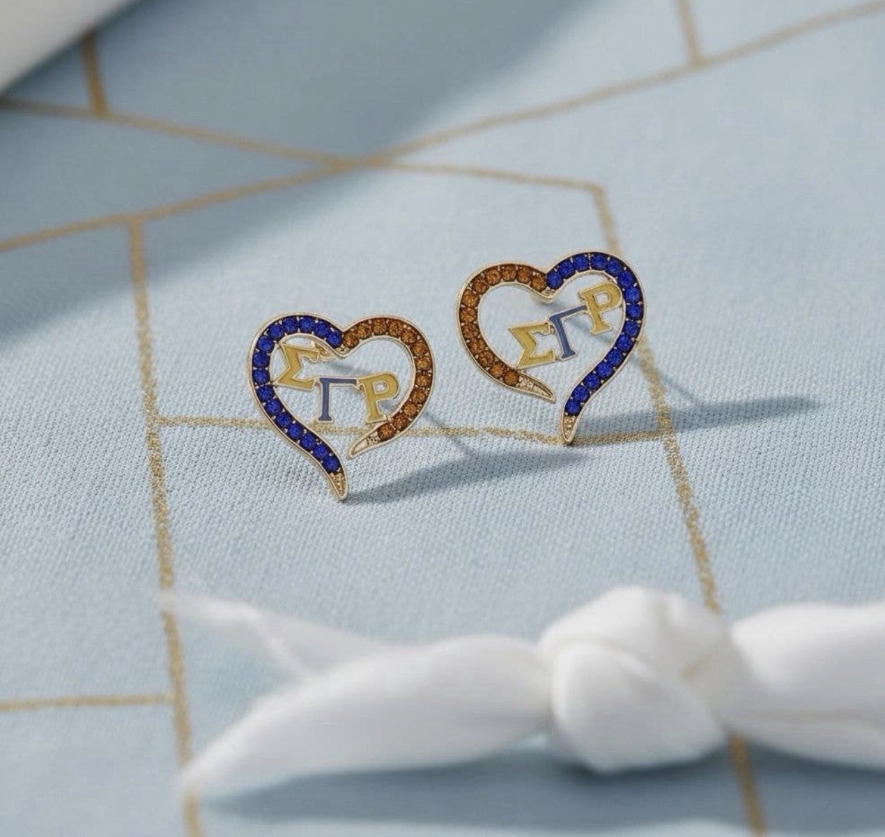 Sigma Gamma Rho Blue Crystal Heart Greek Letter Stud Earrings Butterfly Back