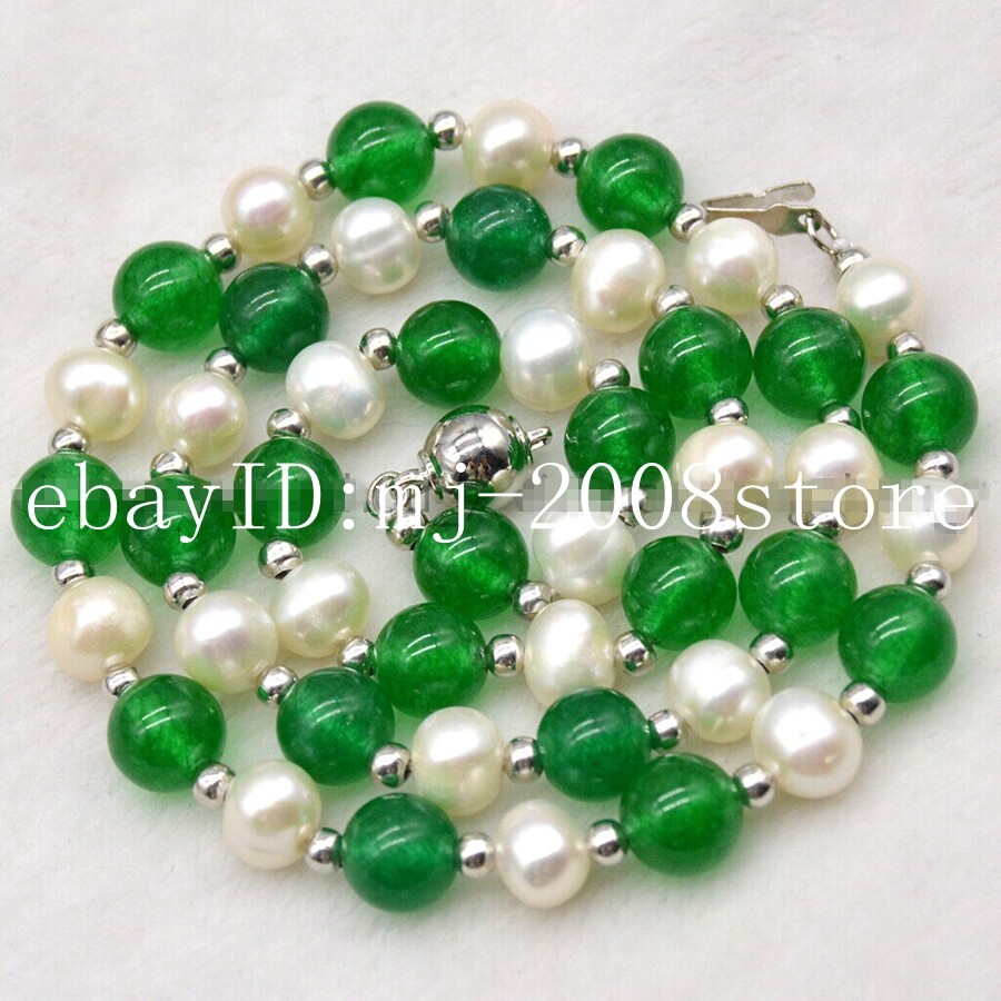 Long 16″18″ 20″22″24″ Natural 8mm Green Jade 7-8MM White Pearl Necklace AAA