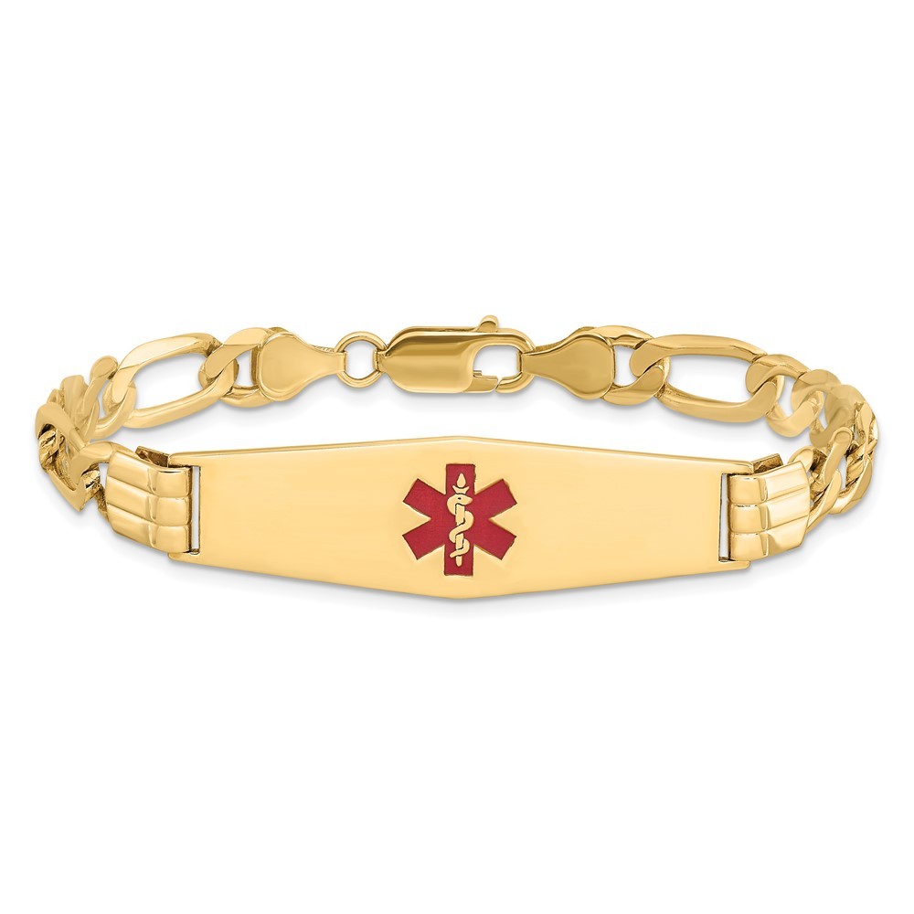 14K Yellow Gold Solid Chain 40x12mm Red Enamel Flat Figaro Link Bracelet 8″
