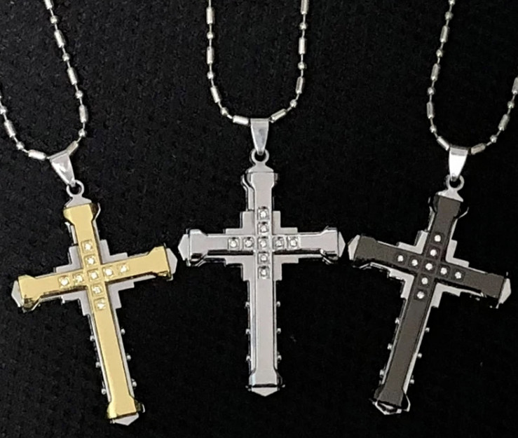 Fashion Jewelry Black Gold Or Silver Rhinestone Cross Pendant Necklace TK7-3