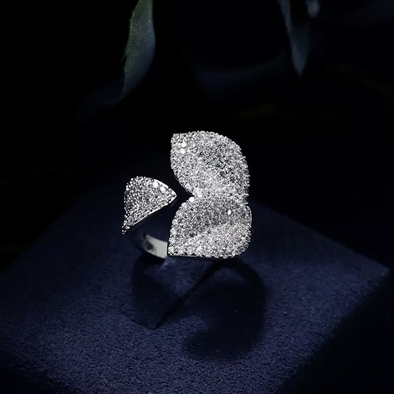 18k White Gold Plated Leaf Adjustable Ring made w Swarovski Crystal Stone