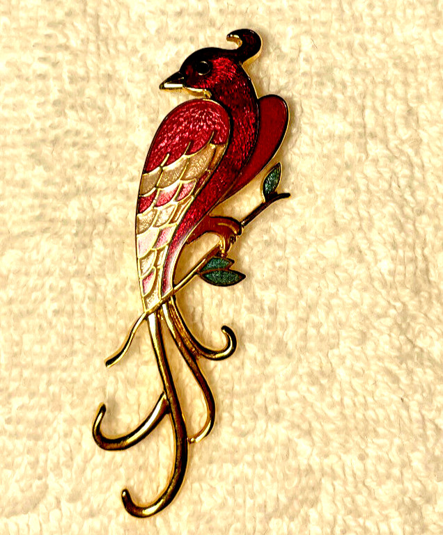 VTG Red Pink Enamel Cloisonné Gold Tone Bird of Paradise Brooch Signed W/ a Fish