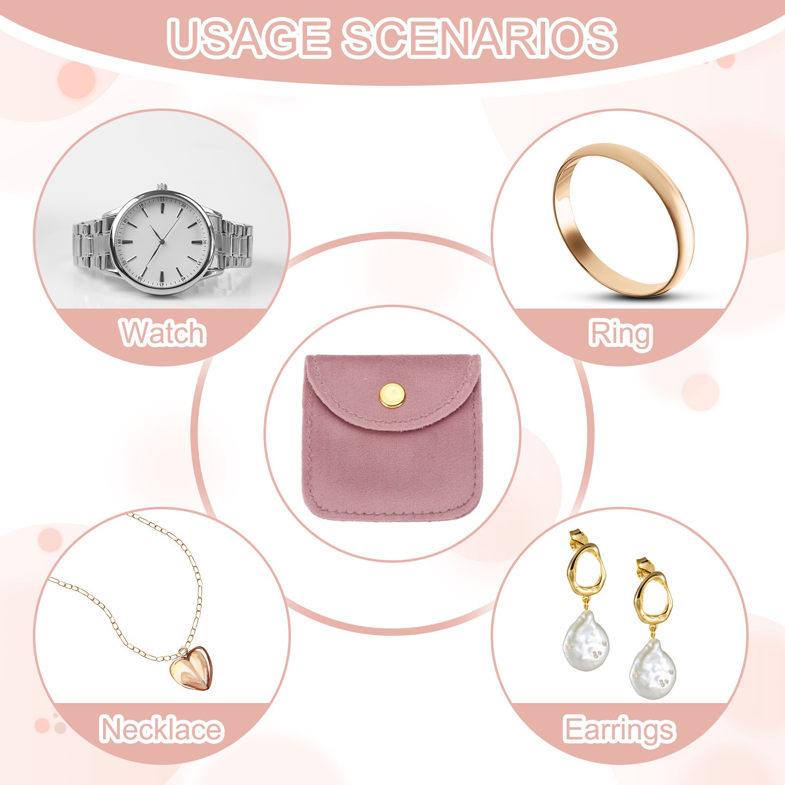 6 Pcs Velvet Jewelry Pouches Gift Bag with Snap Button (2″x2″/3″x3″) Pink