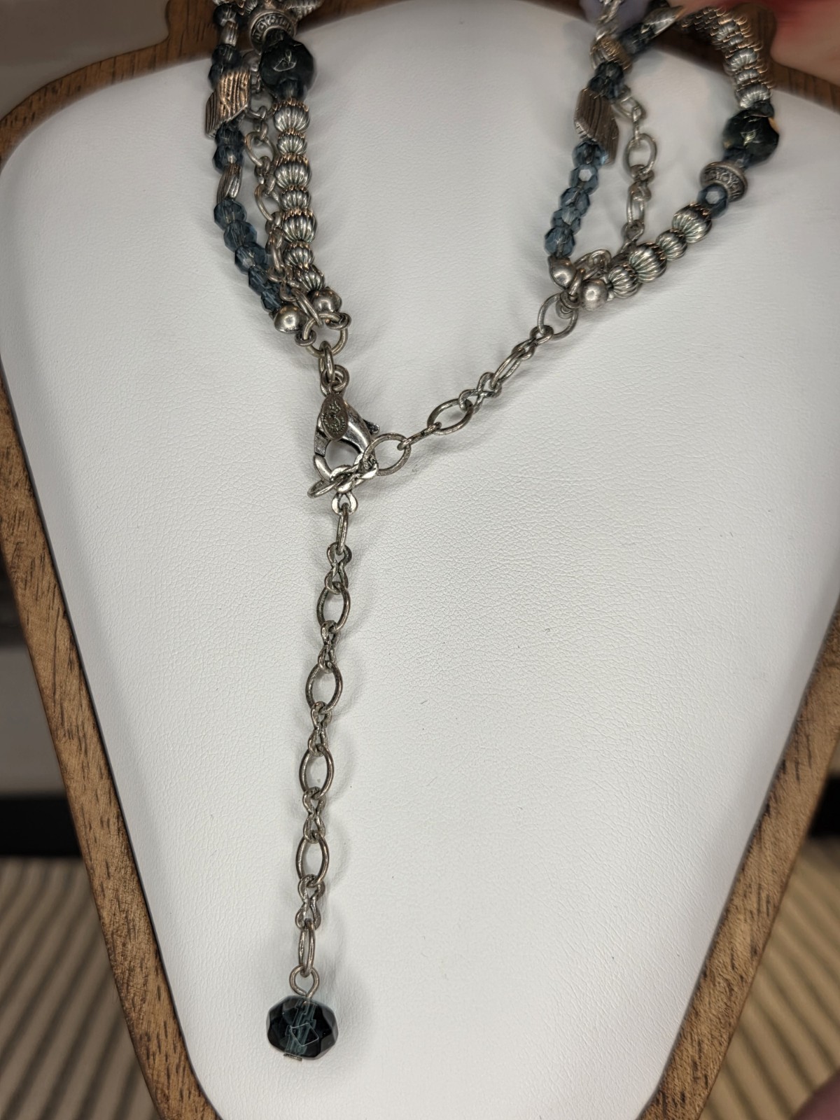 Silver Tone Layered Beaded Necklace, Blue Crystal & Purple Glass, Adjustable