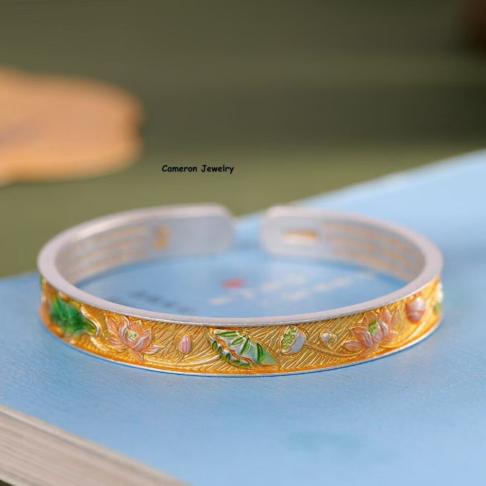 Solid S999 Fine Silver Bracelet 8mm Enamel lLotus Open Bangle 29-30g Dia:57mm