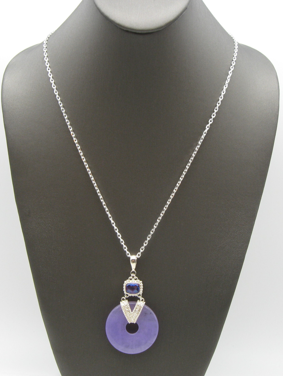 Sajen Sterling Silver Purple Jadeite Jade Blue Quartz Circle Pendant Necklace