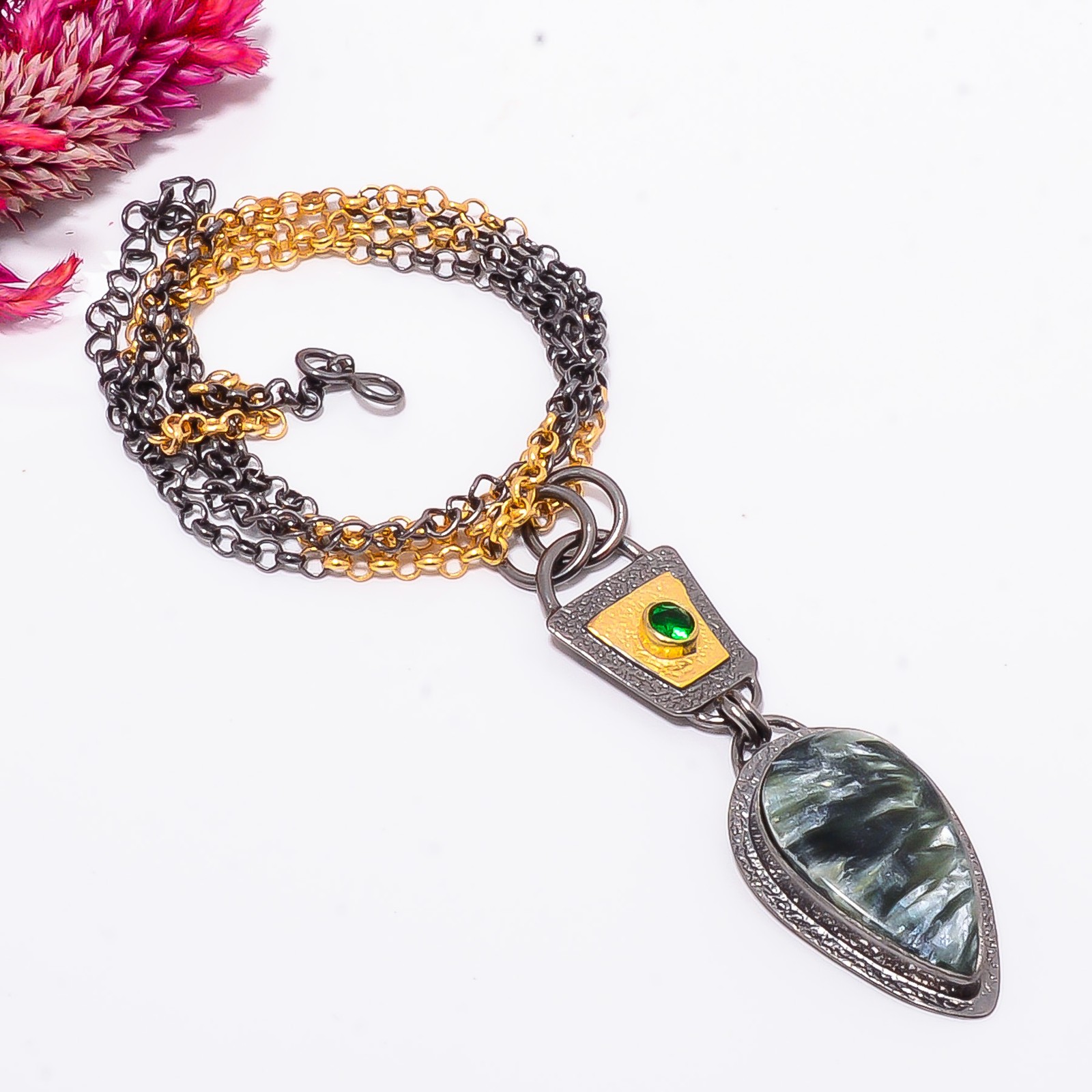 Seraphinite, Tsavorite Gold Rhodium 925 Sterling Silver Chain Pendant 18-22″ Sk4