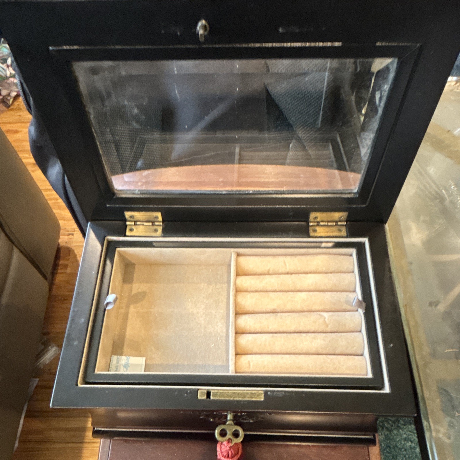Black Wood Jewelry Box w/ Glass Lid, Lockable Key, Drawer, Velvet Lined