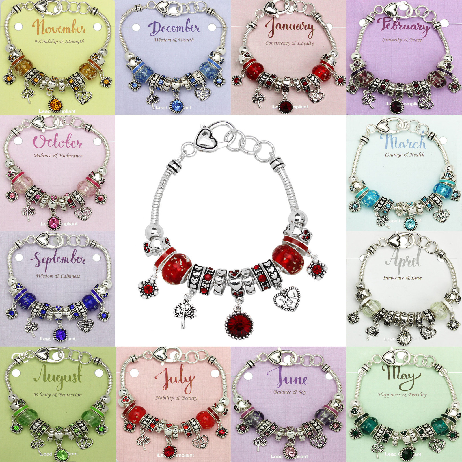 Birthstone Charm Bracelet Silvertone Gift Box Included Great for Gift.