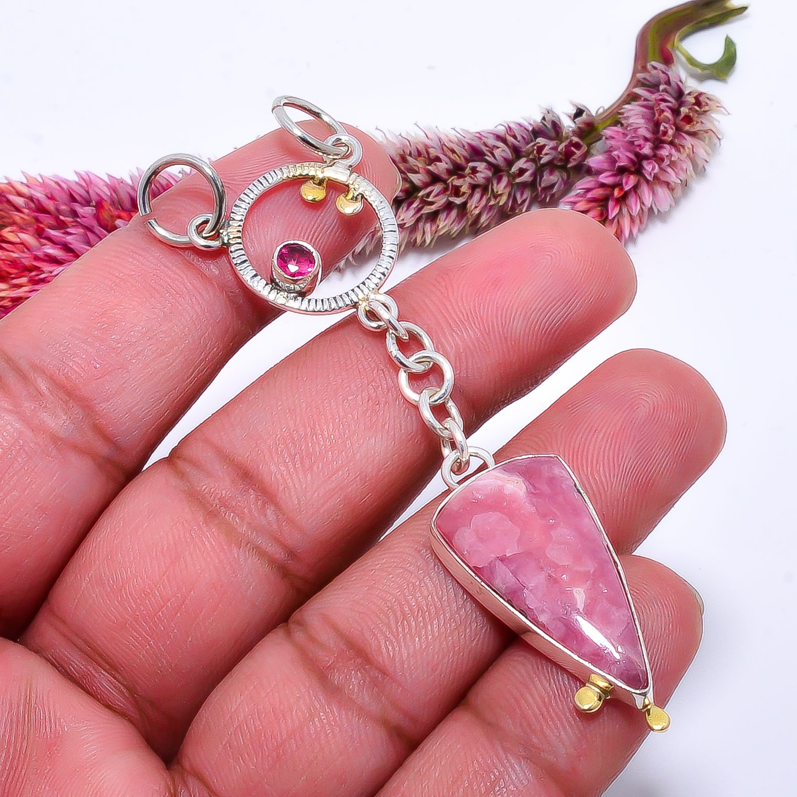 Rhodochrosite & Pink Rubellite Tourmaline 925 Silver Pendant 2.93″ P10371114618