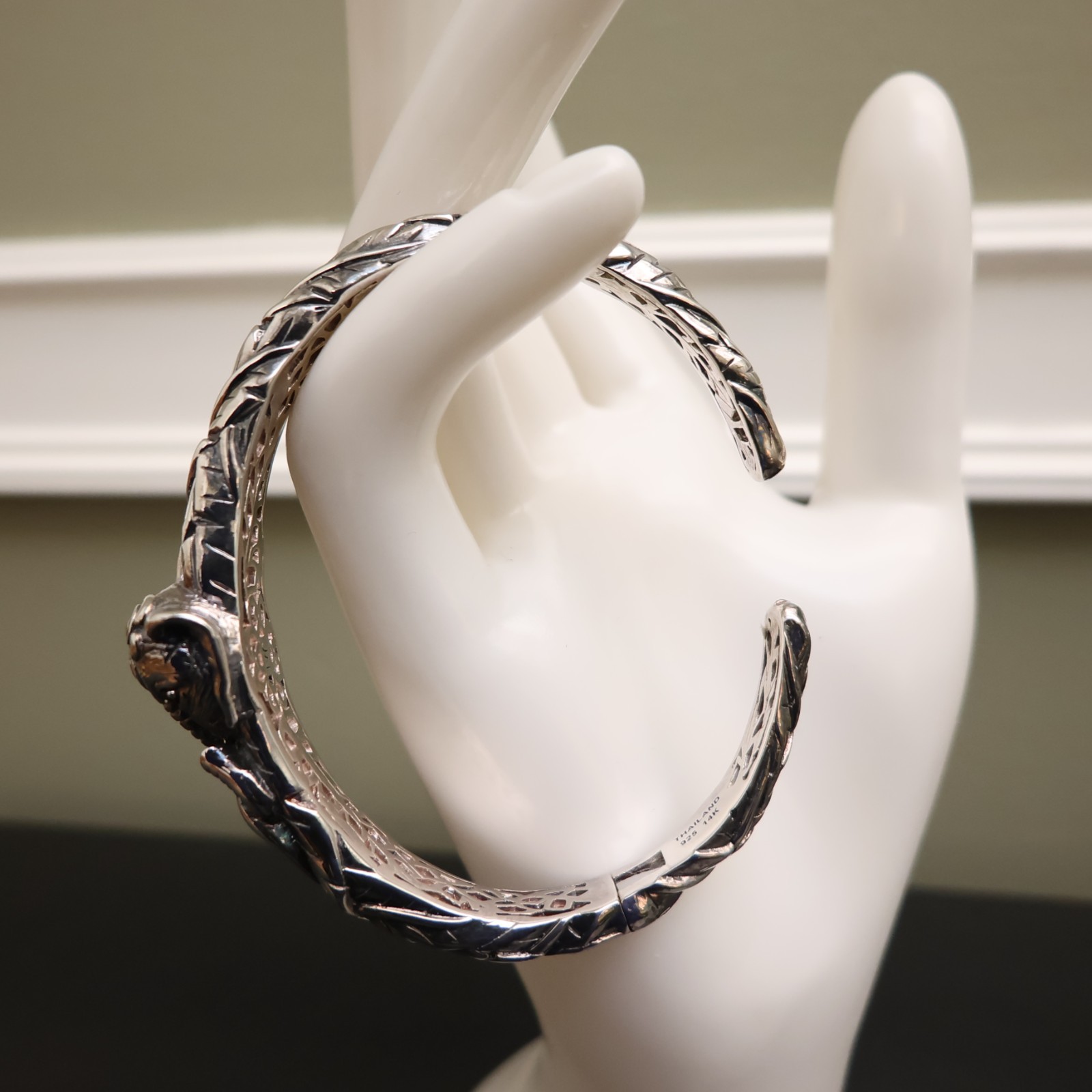 Jai bracelet elephant 925 sterling silver 14K gold hinged cuff garnets Sz 6.75in