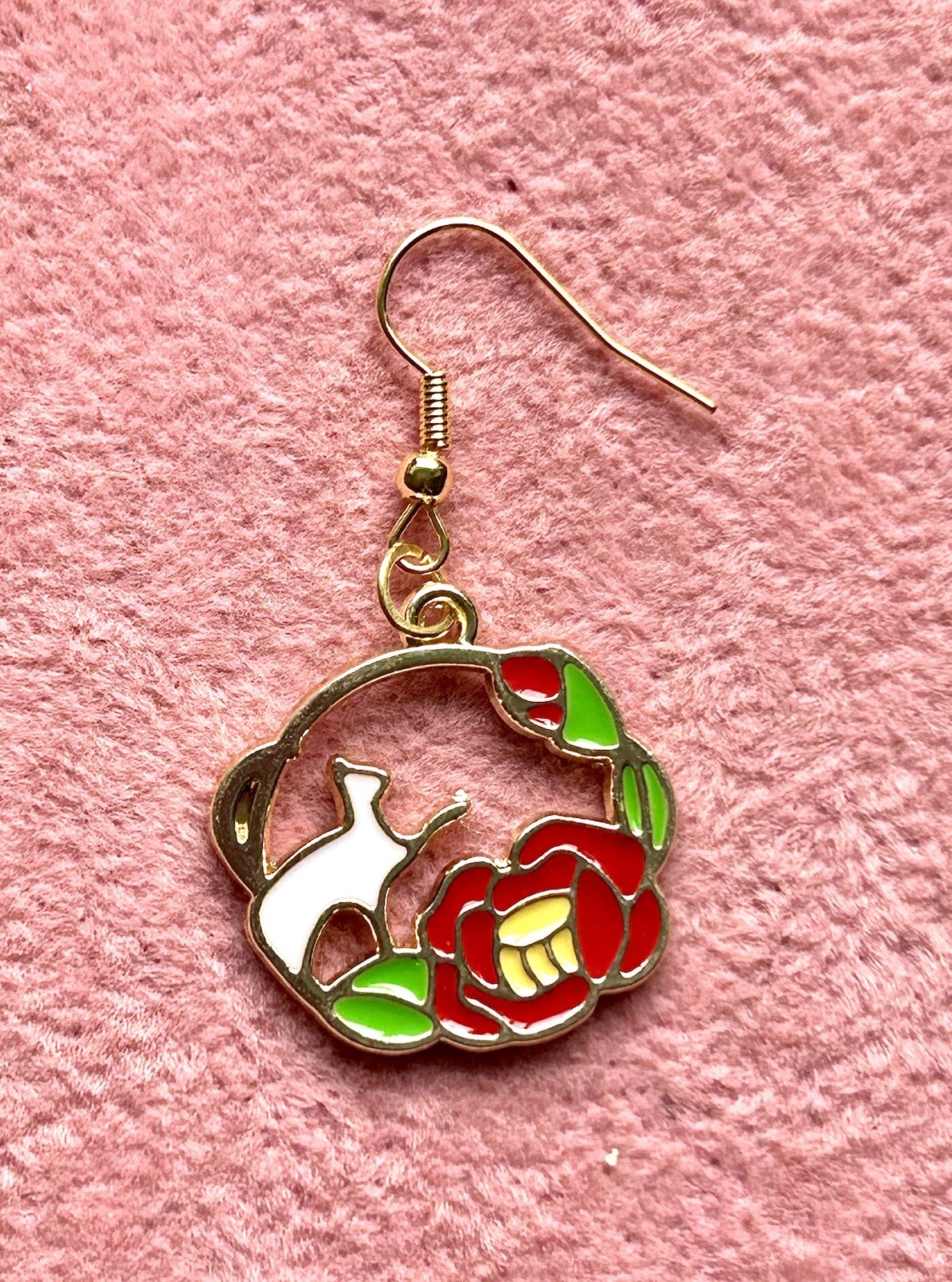 Japanese Style Gold Tone Alloy Enamel White Deer & Red Camellia Dangly Earrings