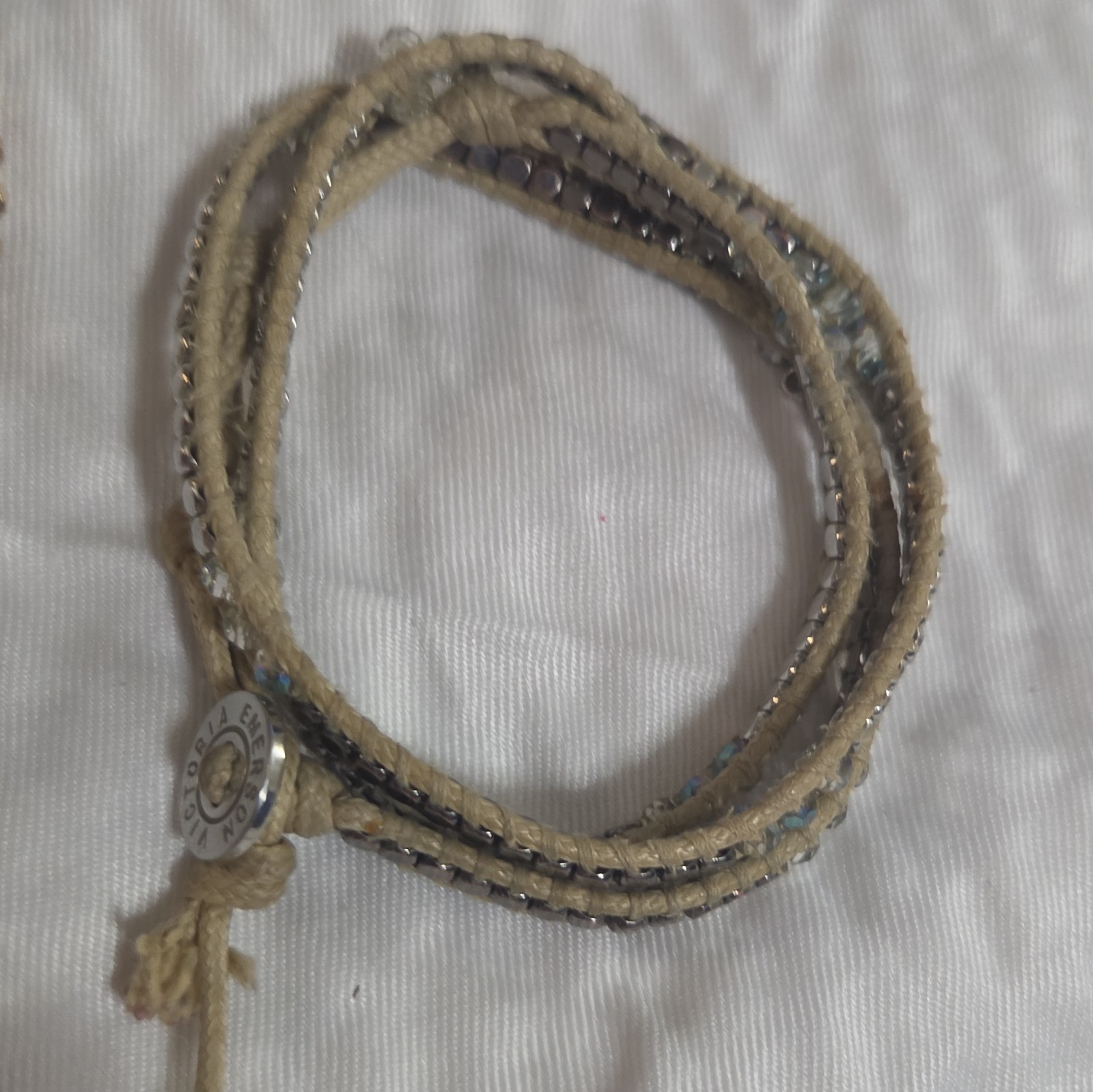 Victoria Emerson Beige Cord Wrap Bracelets Turquoise/Gold Button
